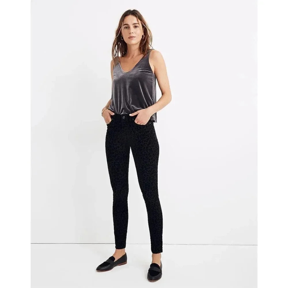 Madewell Velvet Denim Skinny Jeans Size 24 Mid-Rise Black Animal Print Grunge